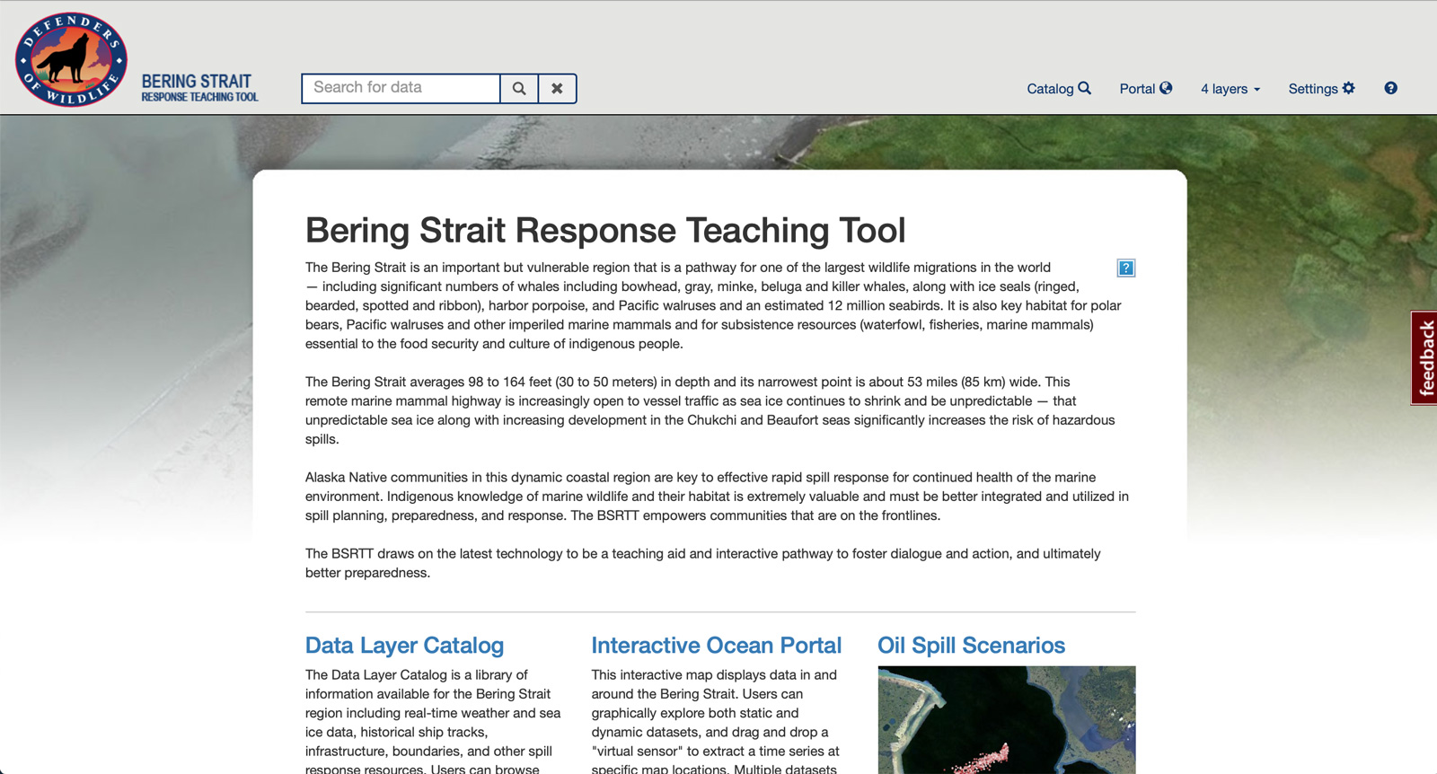 Screen grab of bering strait response teaching tool page in AOOS data portal.