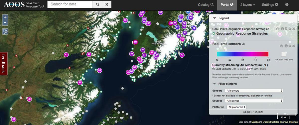 Cook Inlet Response Tool data portal map showing locations of real-time sensors.