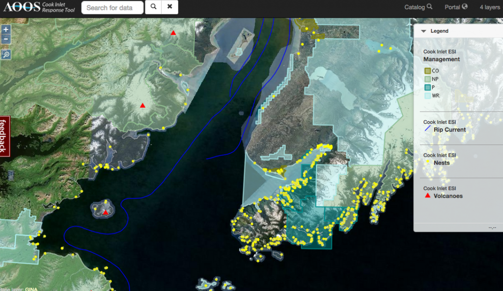 Cook Inlet Response Tool data portal map with sample layers activated.